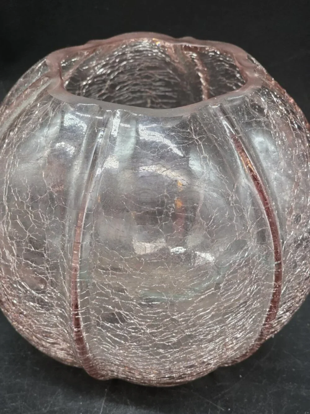 Pink Crackle Art Glass Rose Bowl Or Candle Holder Manganese Glows Purple Boho